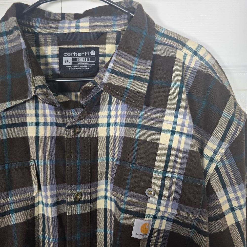 Carhartt Men's 2XL Loose Fit Plaid Heavy Flannel Button Down Shirt 105078 DKB